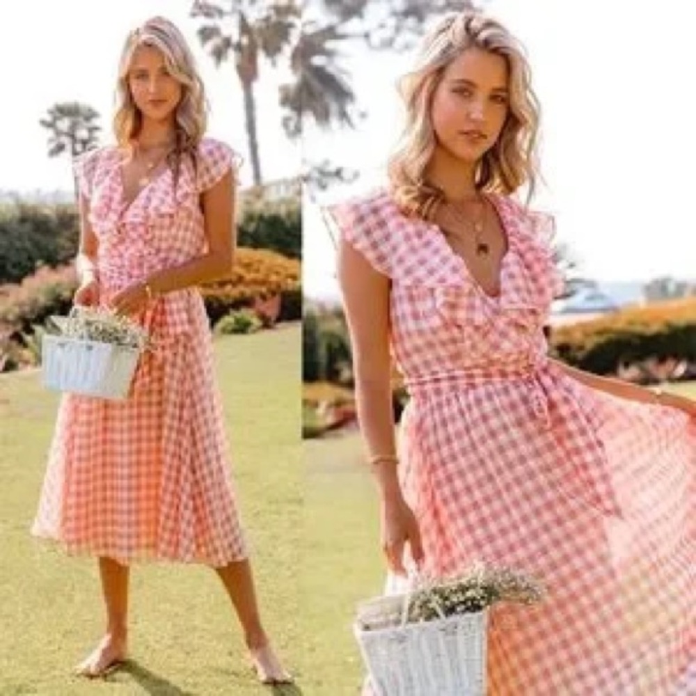 Pink Gingham Midi Dress